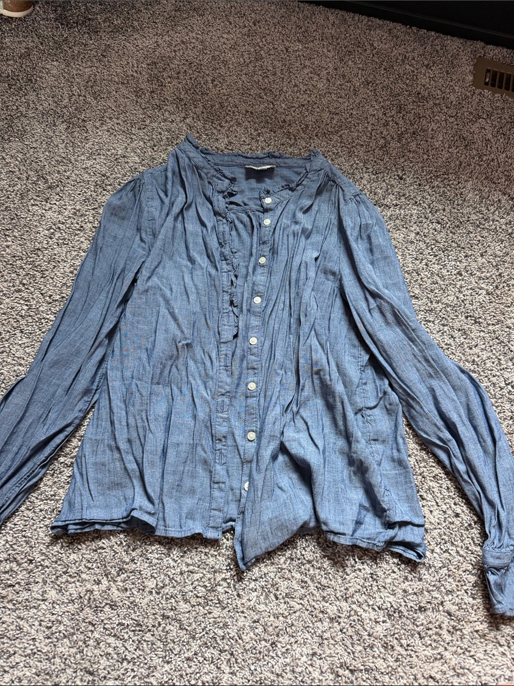 LOFT Lightweight Blue Ruffle-Trim Button Down Shirt